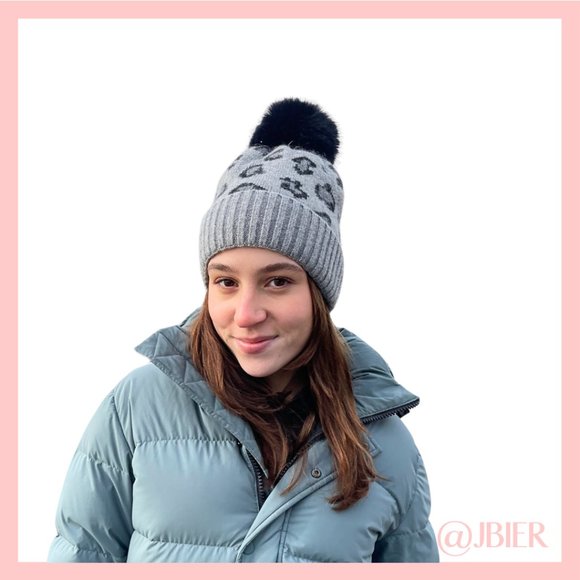 Adrienne Landau Leopard Beanie with Faux Fur Pom in Gray main image 4